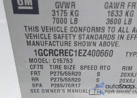 2014 Chevrolet Silverado 1500 1Lt from USA, damaged, VIN 1GCRCREC1EZ400660